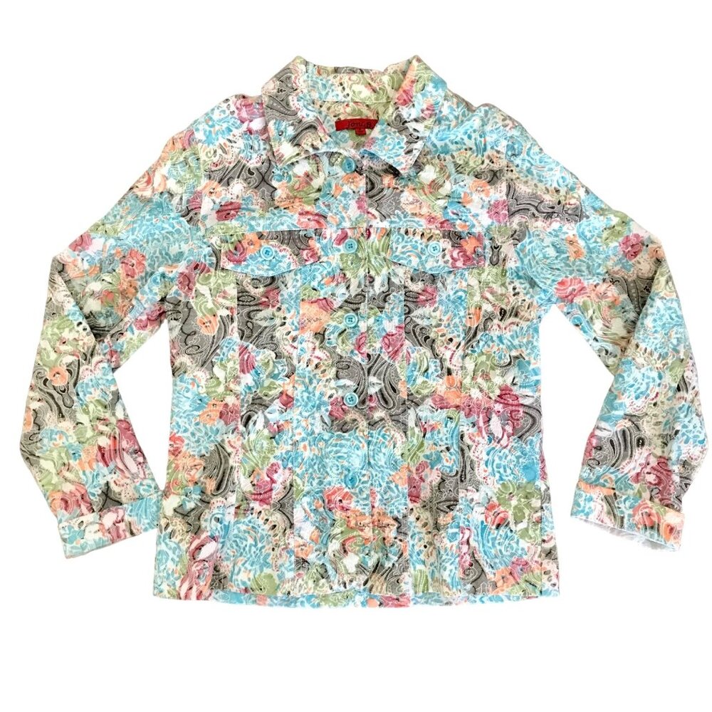 Joni B Women's Art-To-Wear‎ Floral Embroidered Button-Up Shacket Size M. Coastal